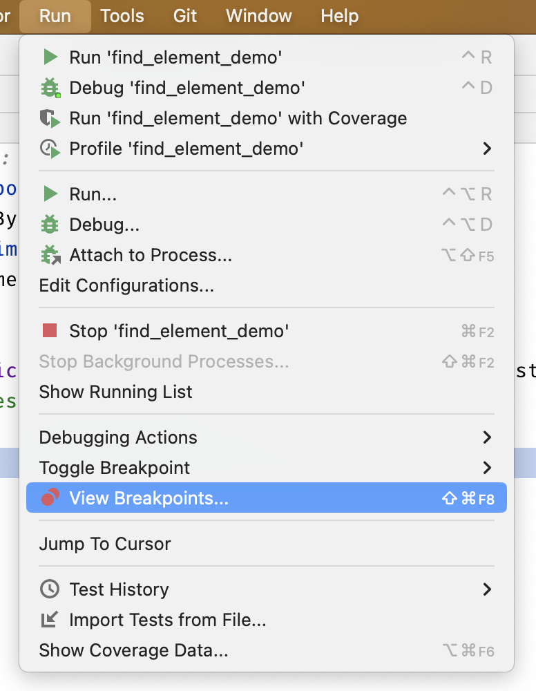 PyCharm All Breakpoints menu